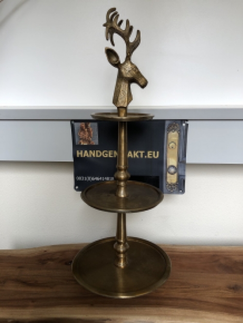 Etagere Alu-Bronze-Look, 3 Schichten mit Hirschkopf mit Geweih als Aufsatz, UNIQUE!