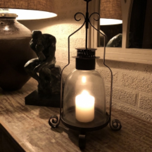 Candlestick, storm lantern, metal-glass, brown, beautiful ironwork.