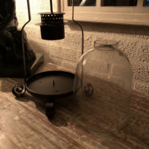 Candlestick, storm lantern, metal-glass, brown, beautiful ironwork.