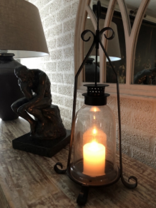 Candlestick, storm lantern, metal-glass, black, beautiful wrought ironwork.