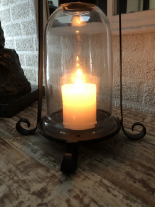 Candlestick, storm lantern, metal-glass, black, beautiful wrought ironwork.