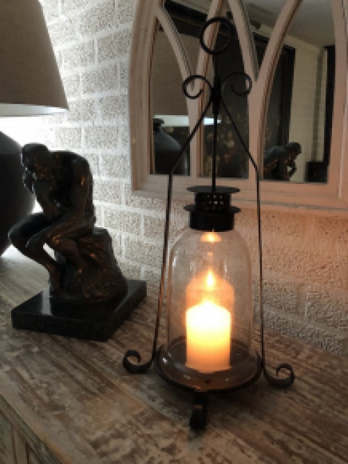 Candlestick, storm lantern, metal-glass, black, beautiful wrought ironwork.