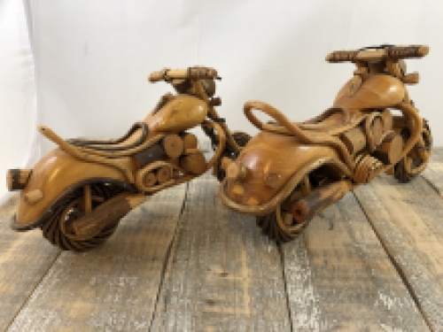 Set of handmade wooden motorcycles, lowriders.