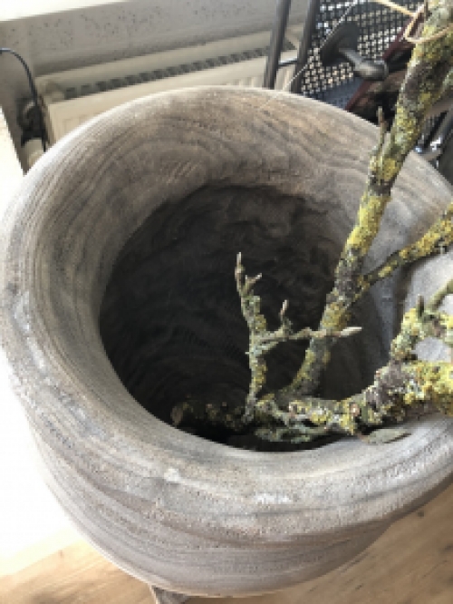 Beautiful large wooden vase-pot in the color gray.