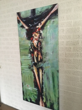 Large and beautiful abstract oil canvas of: Jesus on the cross.