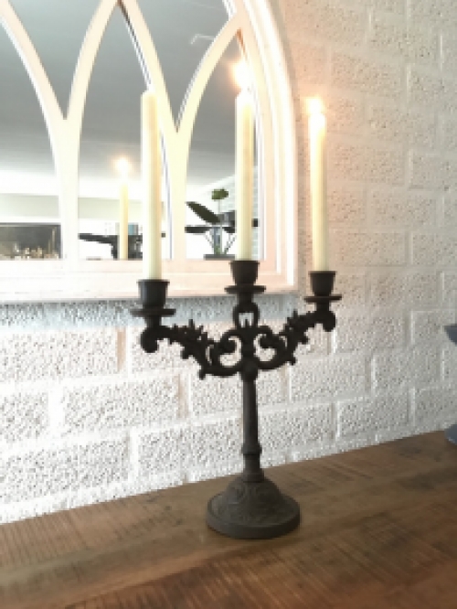 Candlestick 3-armed robust cast iron, old-white, super beautiful!!