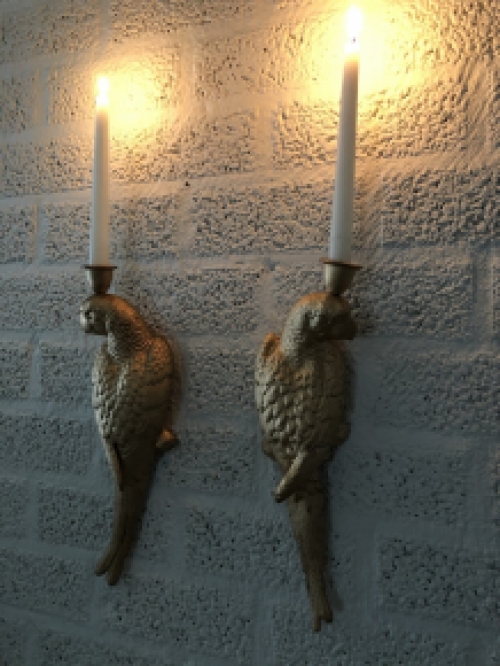 Set of cast iron parrots in gold color as wall candlesticks, beautiful and special!!