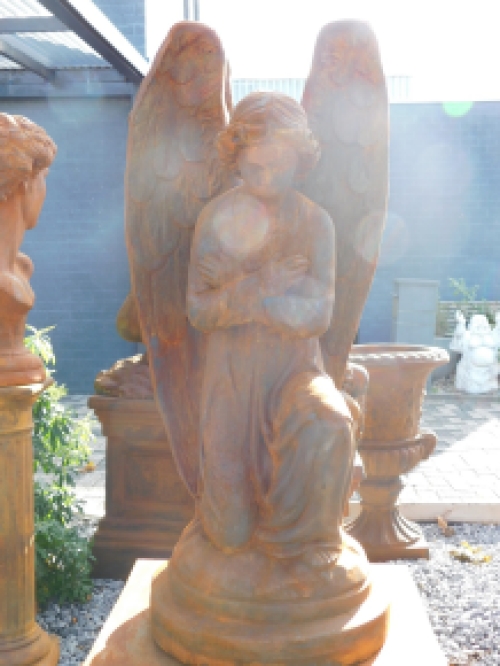 Angel - weatherproof, kneeling, on pedestal XXL, full stone, large sculpture-oxide