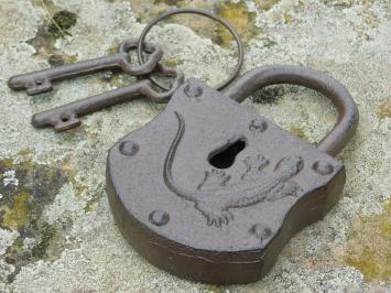 Medieval Padlock with Salamander - Incl. Keys - Cast Iron - Dark Brown