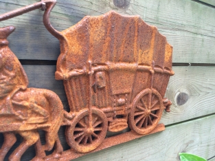 Wall decoration, cast iron fireplace backrest, Farm horse with carriage.