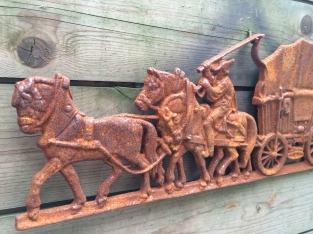 Wall decoration, cast iron fireplace backrest, Farm horse with carriage.