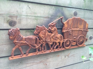 Wall decoration, cast iron fireplace backrest, Farm horse with carriage.