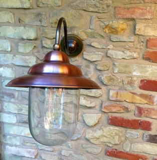 Retro wandlamp, van koper+ messing en glas.