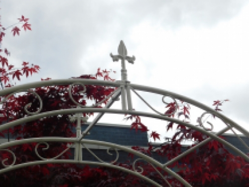 Large white rose arch as a romantic garden decoration, beautiful to see.