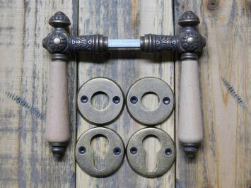 Set Door Hardware - Antique Brass with Wooden Handles - incl. Rosettes