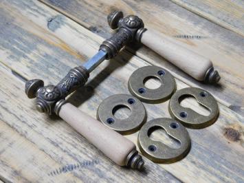 Set Door Hardware - Antique Brass with Wooden Handles - incl. Rosettes