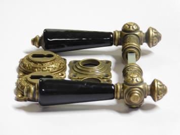 Set Door Hardware XI - Antique Brass with Black Ceramic Handles - Incl. Rosettes