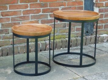 Set of 2 robust tables - wood with black metal base