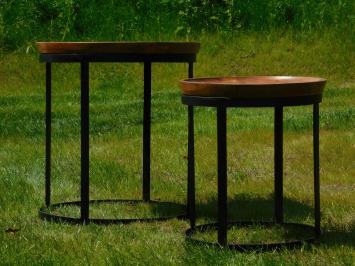 Set of 2 robust tables - wood with black metal base