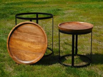 Set of 2 robust tables - wood with black metal base