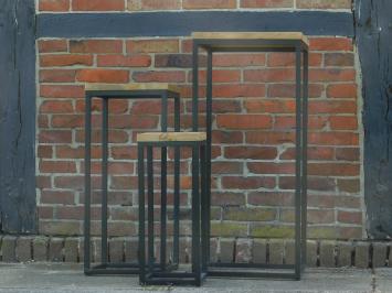 Set of 3 Tables - Industrial - Mango Wood with Black Metal Base