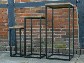 Set van 3 Tafels - Industrieel - Mangohout met Zwart Metalen Onderstel