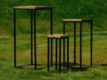 Set of 3 Tables - Industrial - Mango Wood with Black Metal Base