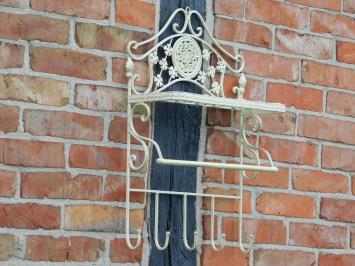 Vintage Wall Rack with Hooks - Old White - Wrought Iron