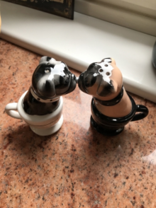 Salt and pepper pots, 2 kissing dogs in cups, very nice!